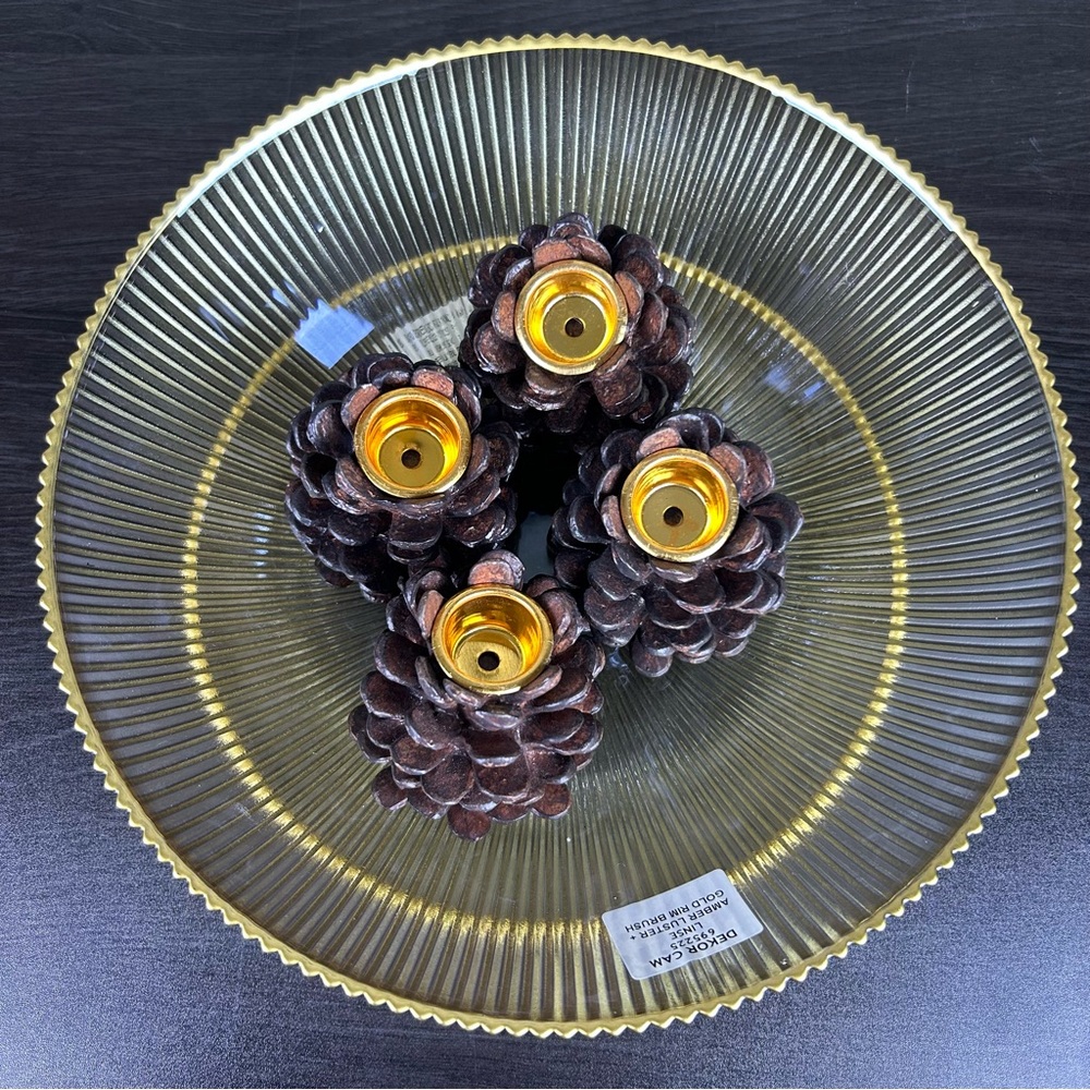 Amber Luster Ribbed Glass Bowl & Plate Set with Gold Rim Contemporary Tablescape - Picture 8 of 13